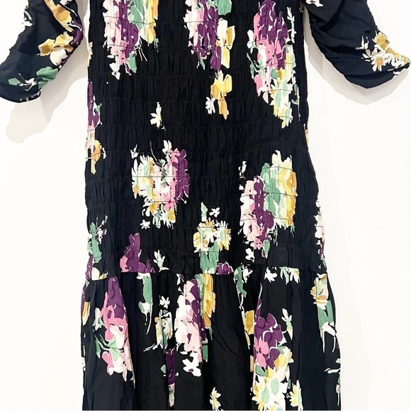 ByTiMo Floral Crepe Smocked Drop Waist Black Floral Gathered Maxi Dress small - Picture 10 of 11
